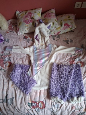 Unicorn carnival costume used with dress, hood, hat, and leg warmers