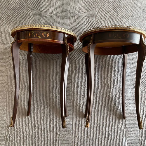 Louis Kenz round coffee tables used, marquetry, set of 2