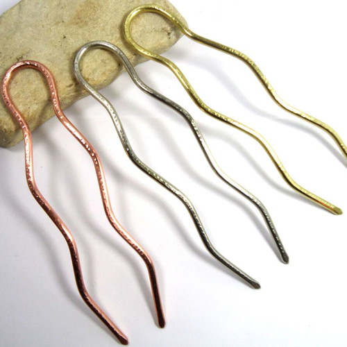 Hair Forks set of 3 handmade from brass, alpaca, copper, new