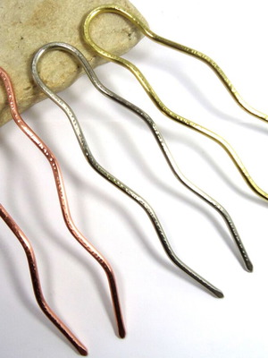 Hair Forks set of 3 handmade from brass, alpaca, copper, new