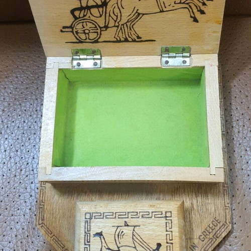 Wooden cigarette and matchbox case used, Achilles and ship design