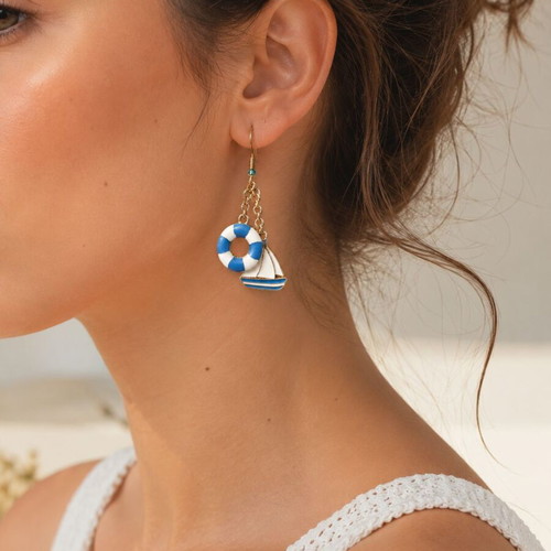 Handmade Asymmetric Earrings Sailing Trip with Sailboat, Lifebuoy & Lighthouse