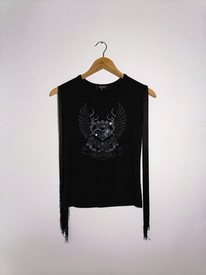 Denny Rose sleeveless blouse used, size M, black with fringes