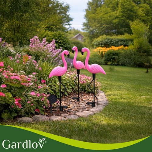 Solar garden lamps flamingo set of 3 like new, LED