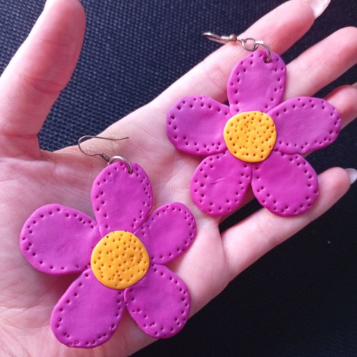 Flower earrings handmade from scratch, pink and purple