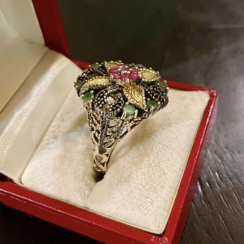 Silver-gold ring like new with emeralds and rose cut diamonds