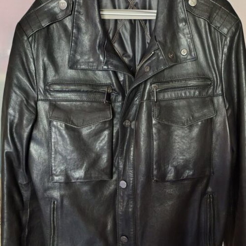 AFG Men's Leather Jacket, Black Military Style, Size L