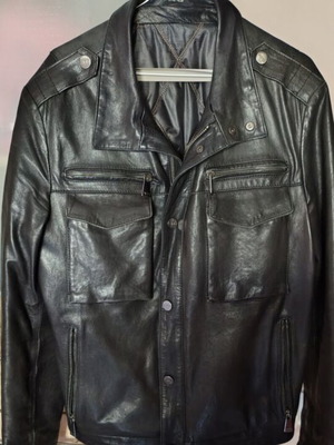 AFG Men's Leather Jacket, Black Military Style, Size L