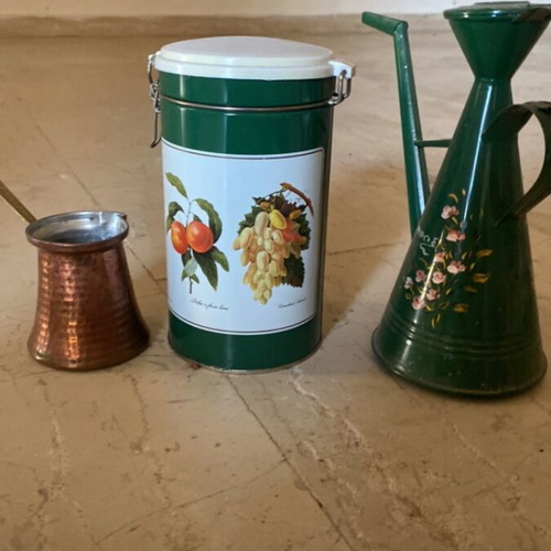 Kitchenware set used with jug, briki, and tin container