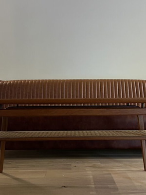 60’s three-seater wooden sofa with leatherette upholstery