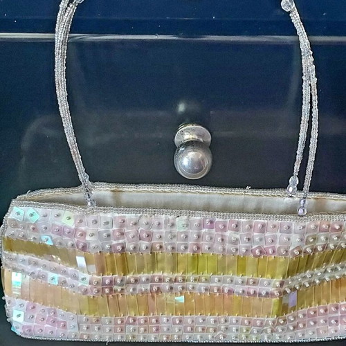 Evening bag used, shoulder type with beaded embroidery in white and gold