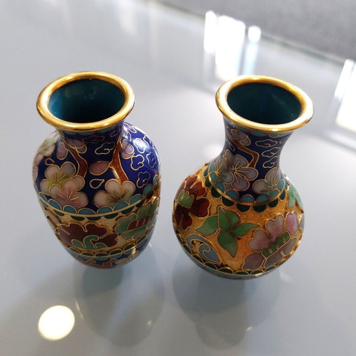 Cloisonné Miniature Vases Pair like new, enamel and bronze