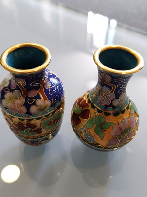 Cloisonné Miniature Vases Pair like new, enamel and bronze