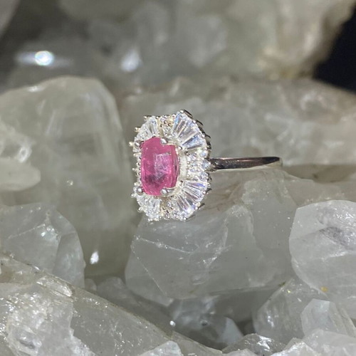 Silver ring with natural pink tourmaline and moissanites, new