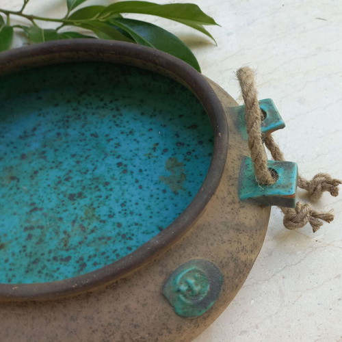 Ceramic platter with rope handles, turquoise interior, like new