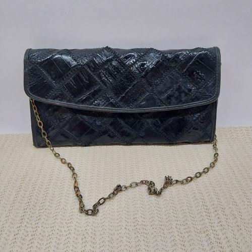 Vintage small leather evening bag, patchwork design, black