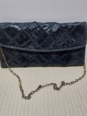 Vintage small leather evening bag, patchwork design, black