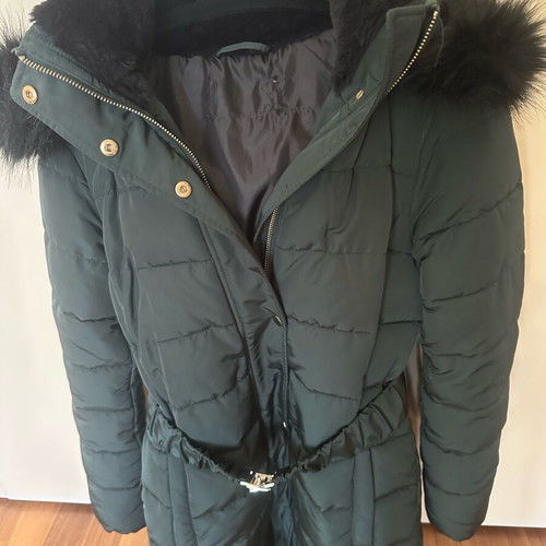 Stradivarius Long Puffer Jacket with Fur Hood like new, cypress green