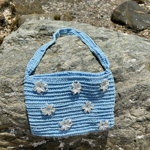 Knitted Blue Bag with Flowers New