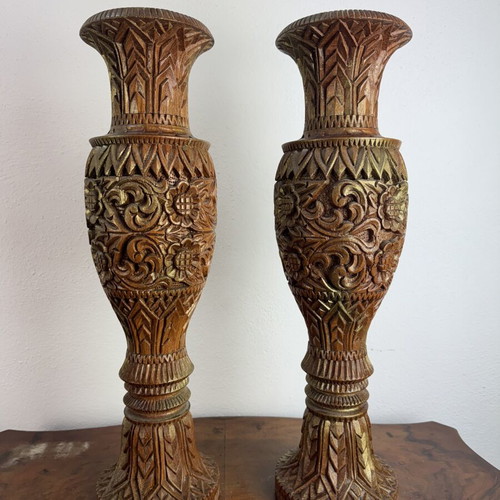 Wooden vases with gold platinum used, set of 2, 53 cm height