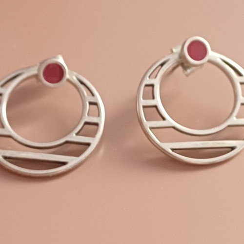 Silver plated earrings with burgundy stone like new, titanium clasp