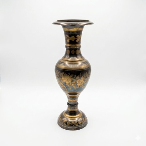 Vintage Handmade Brass Vase Moradabad with Black Enamel 30 cm