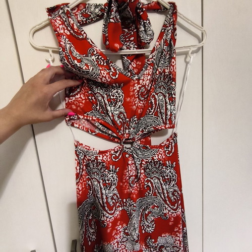 Floral summer dress like new, red, halter neck with waist cutouts