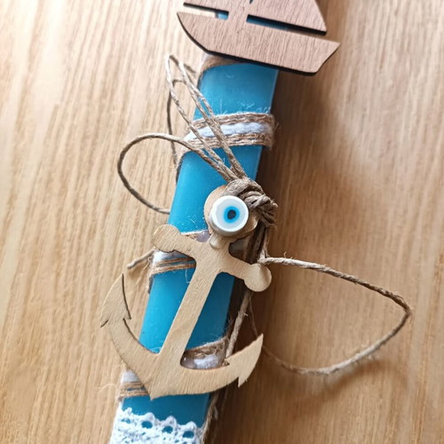 Handmade boat and anchor candle new, blue with wooden details