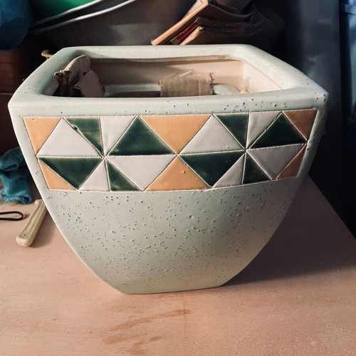 Ceramic green planters with design set of 3 pieces with hole 25cm large