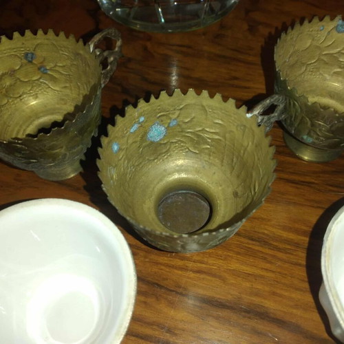 Vintage brass cups with porcelain used, set of 6 pieces