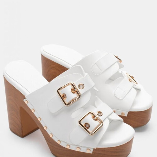 Clogs with double buckles white, like new, heel 11cm