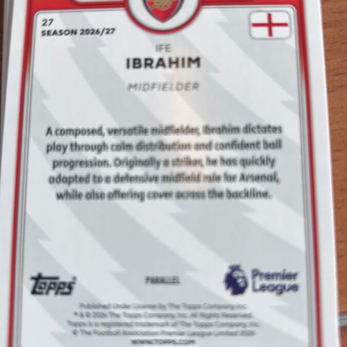 Ife Ibrahim Black Diamond Parallel RC Card /75 Topps Premier League 26/27