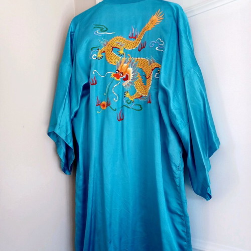 Women's satin silk robe new, blue, one size with embroidery