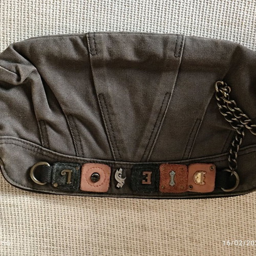 Diesel cotton jean clutch bag with leather patches and chain like new