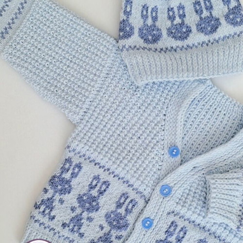 Handmade knitted baby set jacket and hat with bunny design, new