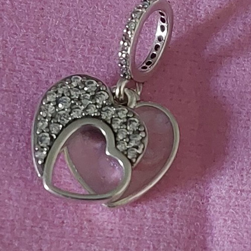 Pandora charm with two hearts, new, pink and silver