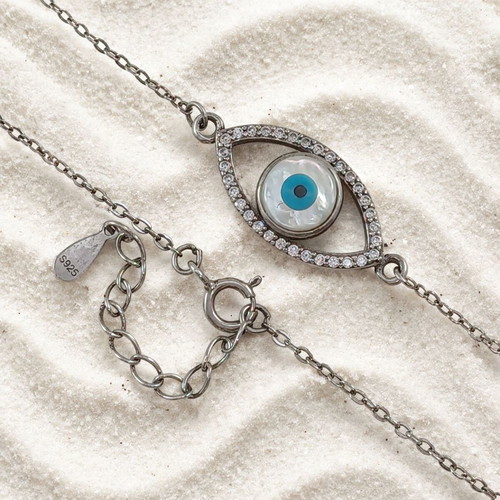 Handmade Gianniotiko evil eye bracelet silver 925 with mother-of-pearl and zircon new