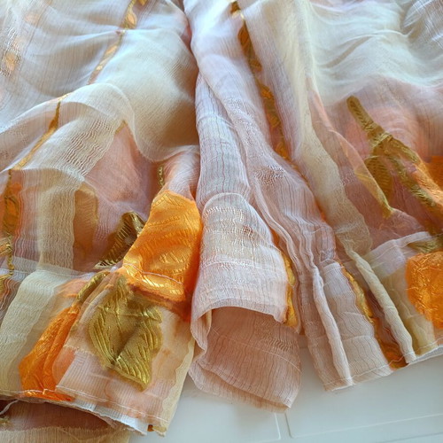 Curtains organza with embossed yellow flowers and orange stripes, new set of 2