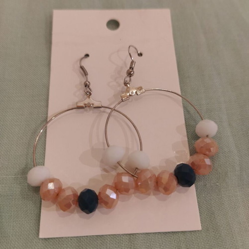Hoop earrings with shiny polygonal beads in pink, white, and petrol, new