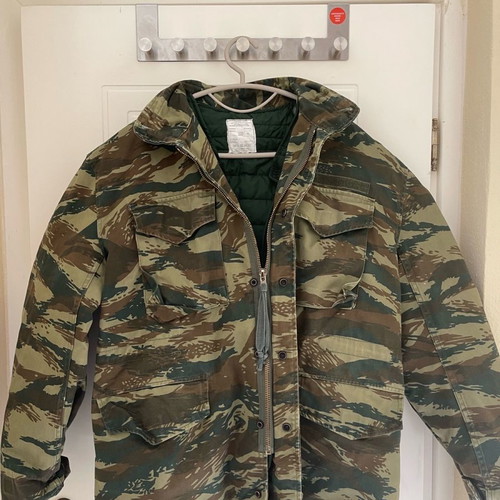 Greek Army Camouflage Clothing used, BDU set, wool sweater, M-65 jacket, campaign bag