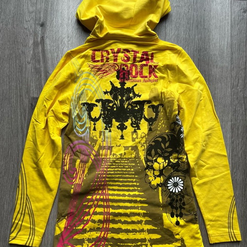 Christian Audigier Crystal Rock women's sweatshirt new, yellow with crystals and art print