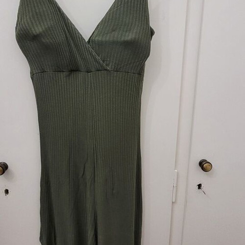 Olive green one-piece jumpsuit, cotton, elastic