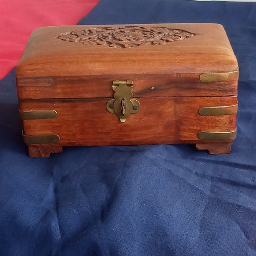 Wooden jewelry box vintage handmade, used, rosewood with brass details