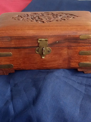 Wooden jewelry box vintage handmade, used, rosewood with brass details