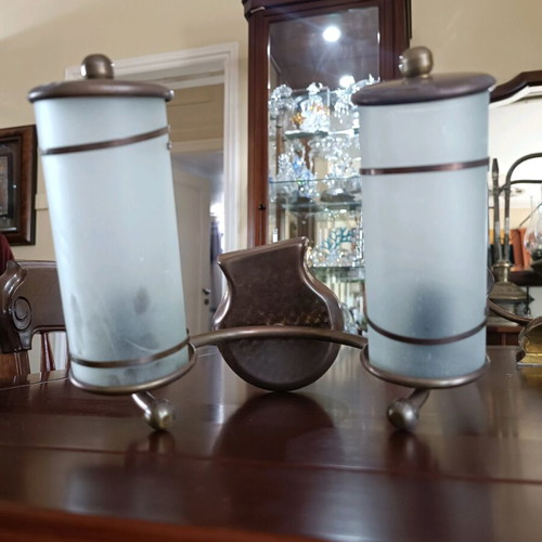 Old wall lights used, glass and bronze, set of two