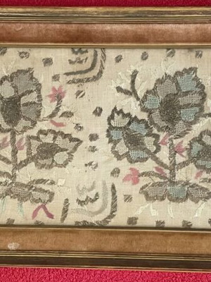 Silk handmade embroidery in aged gold and velvet frame