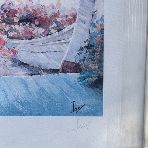 Vintage decorative art print “La Barque Fleurie” in frame, like new