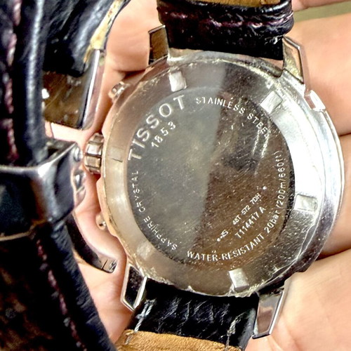 Tissot PRC 200 chronograph watch, black dial, leather strap