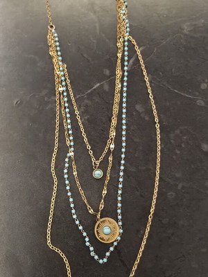 Necklace from stainless steel with 4 chains, gold and turquoise, like new