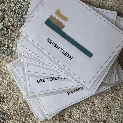 Routine cards used, laminated with English phrases